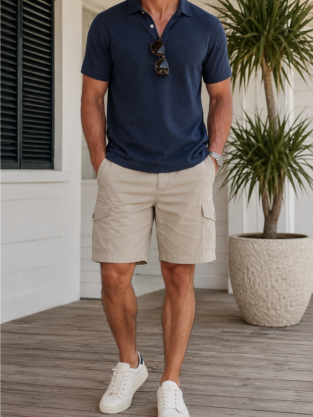 Island Republic Men's Silk Cotton Cargo Shorts 70% Silk 30% Cotton Khaki Luxury